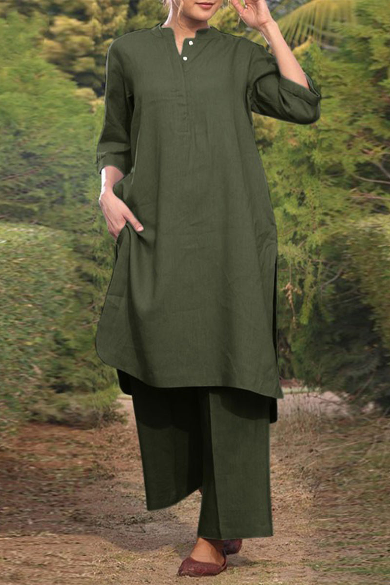 Kaynafashions - Casual Solid Pocket O Neck Long Sleeve Two Pieces