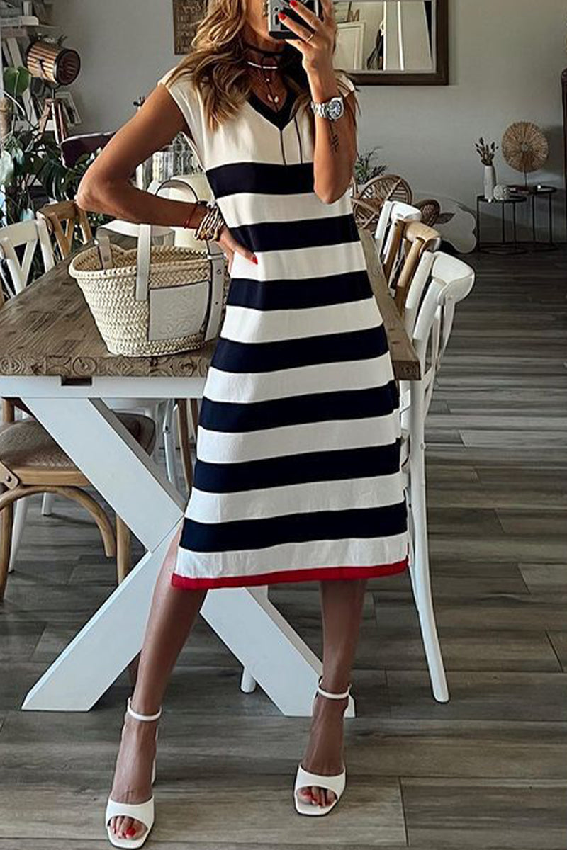Kaynafashions - Casual Striped Patchwork V Neck Printed Dress Dresses