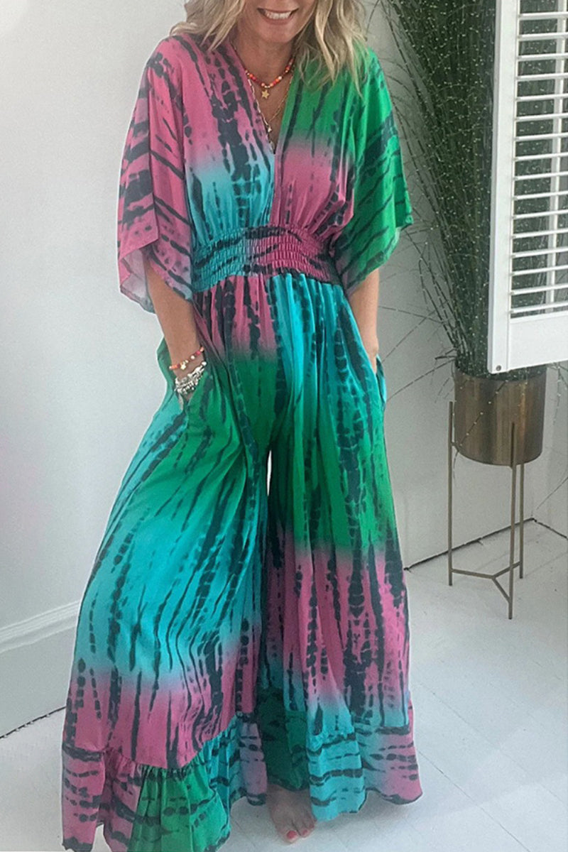 Kaynafashions - Casual Print Pocket V Neck Loose Jumpsuits