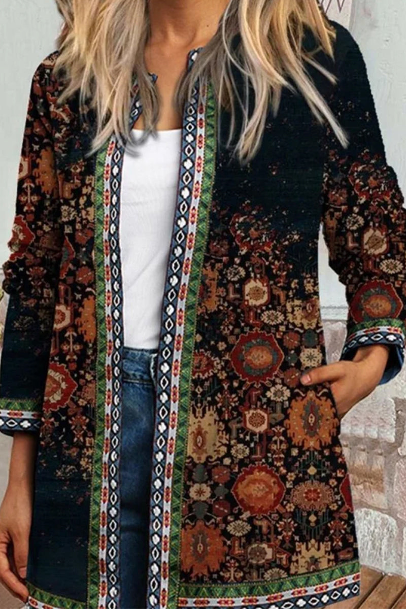 Kaynafashions - Casual Print Pocket O Neck Outerwear