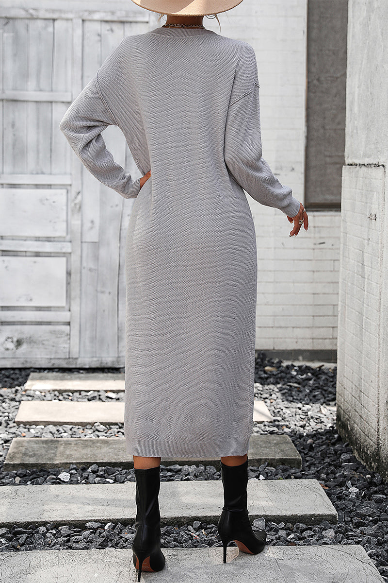 Kaynafashions - Elegant Solid Buckle O Neck Long Sleeve Dresses