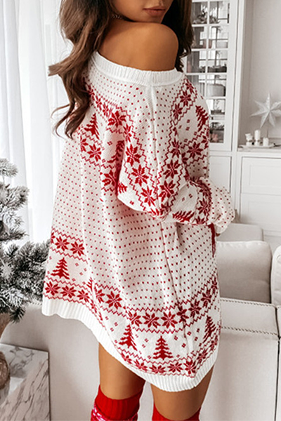 Kaynafashions - Casual Wapiti Snowflakes Christmas Tree Printed Patchwork Contrast O Neck Dresses Sweater