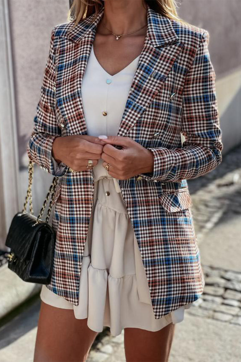 Kaynafashions - Work Elegant Plaid Print Patchwork Turn-back Collar Outerwear