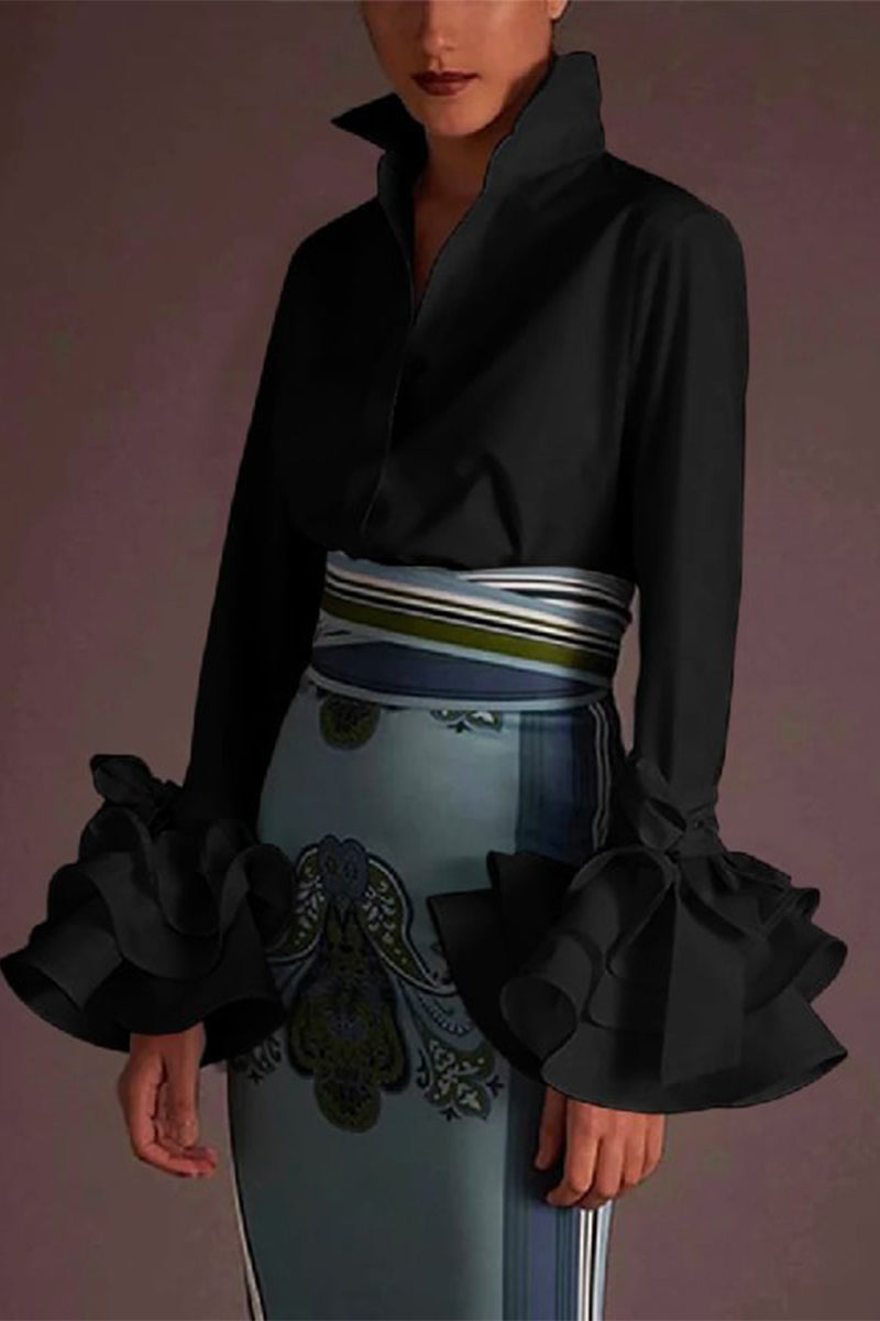 Kaynafashions - British Style Elegant Solid Buckle Turndown Collar Tops