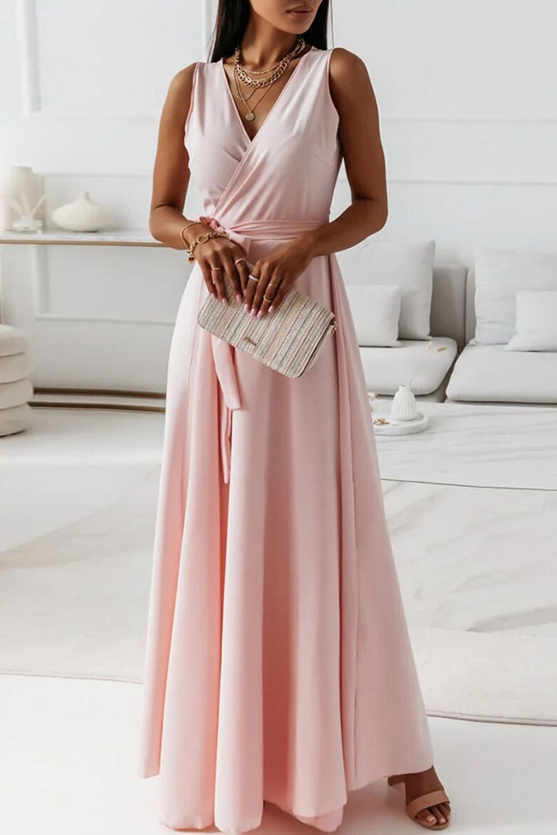 Kaynafashions - Celebrities Elegant Solid With Belt V Neck Evening Dress Dresses