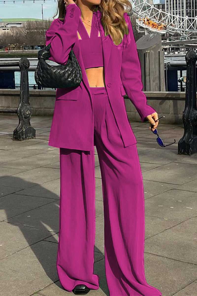 Kaynafashions - Work Elegant Solid Solid Color Turn-back Collar Long Sleeve Two Pieces(3 Colors)