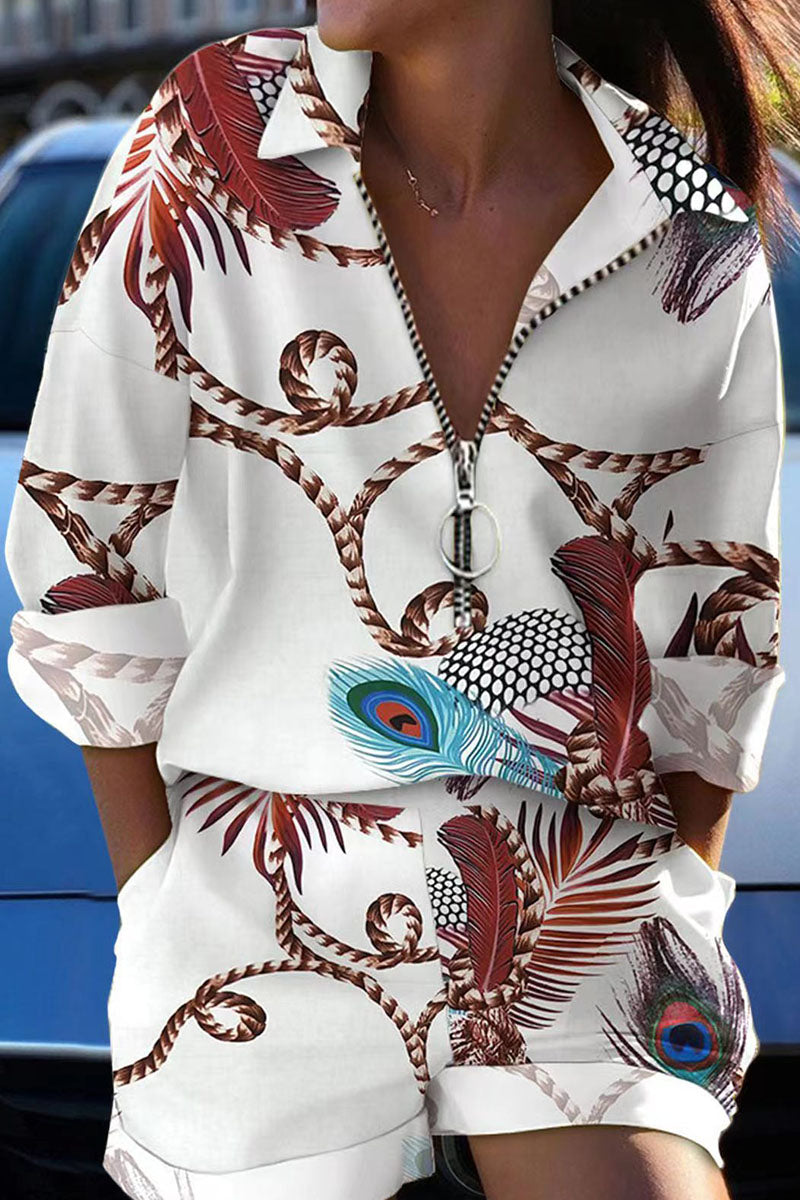 Kaynafashions - Casual Print Patchwork Zipper Turndown Collar Long Sleeve Two Pieces