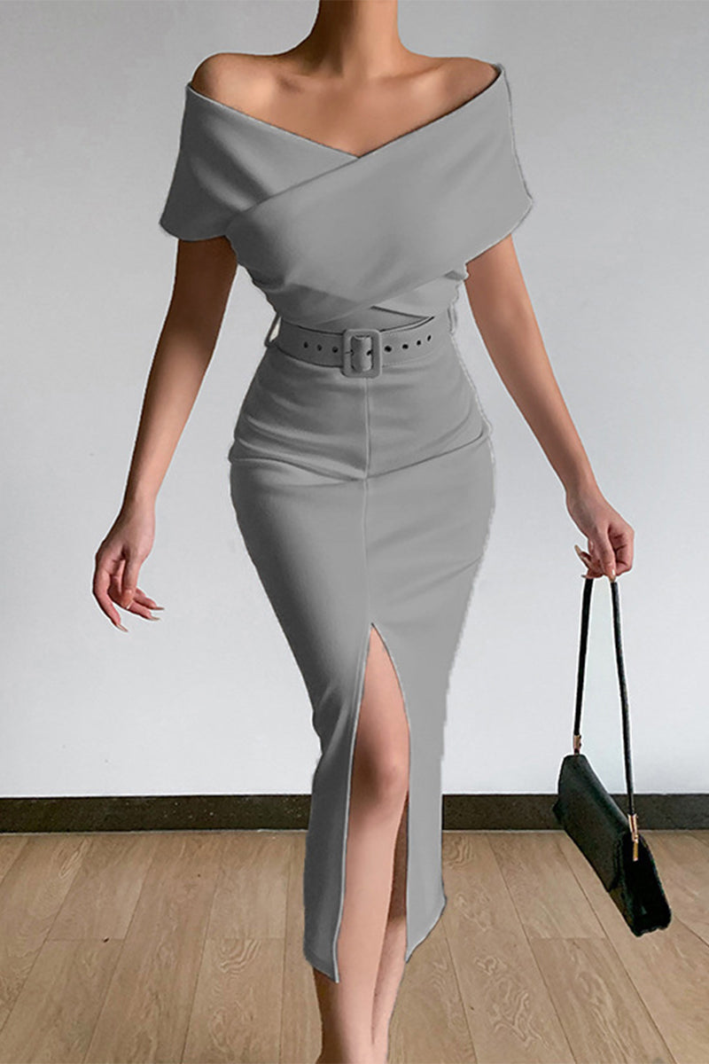 Kaynafashions - Sexy Elegant Solid With Belt V Neck One Step Skirt Dresses(8 Colors)