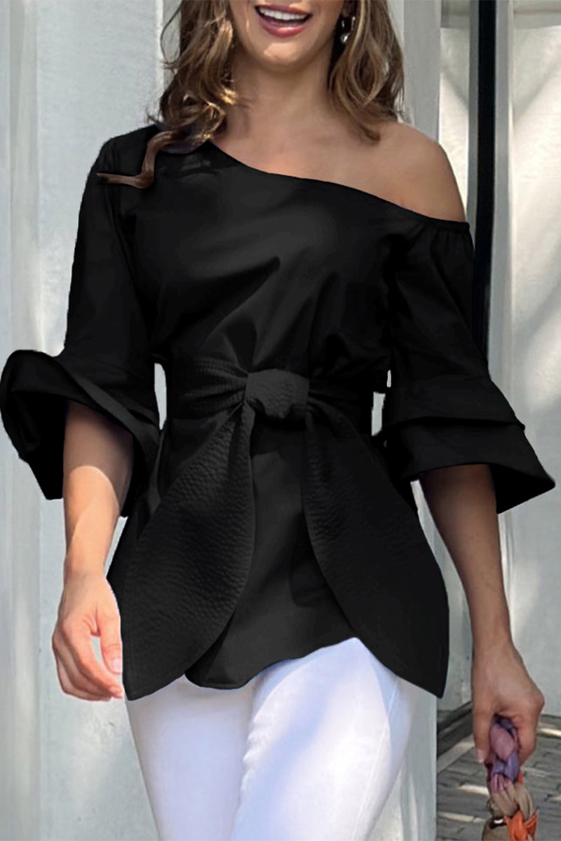 Kaynafashions - Casual Street Solid Bandage Oblique Collar Blouses(4 Colors)