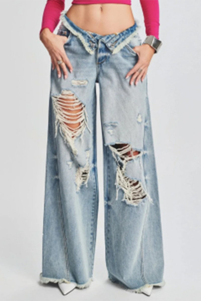 Kaynafashions - Casual Solid Ripped Patchwork Mid Waist Regular Denim Jeans (Subject To The Actual Object)