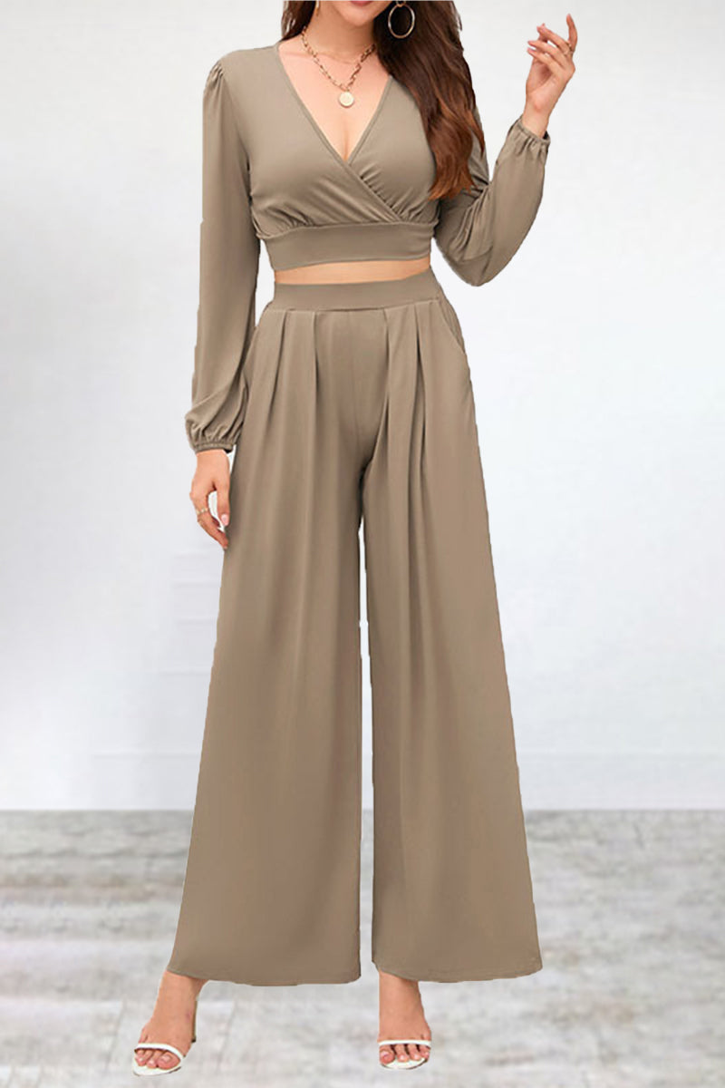 Kaynafashions - Casual Simplicity Solid Fold V Neck Long Sleeve Two Pieces