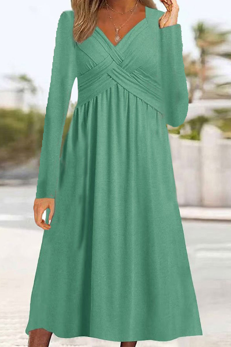 Kaynafashions - Casual Solid Patchwork V Neck Long Sleeve Dresses