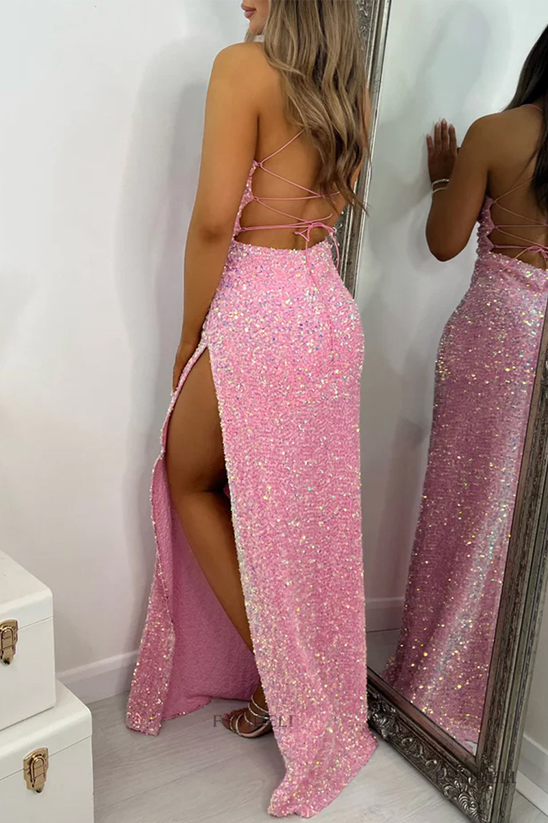 Kaynafashions - Sexy Solid Sequins High Opening Strap Design Spaghetti Strap Irregular Dress Dresses