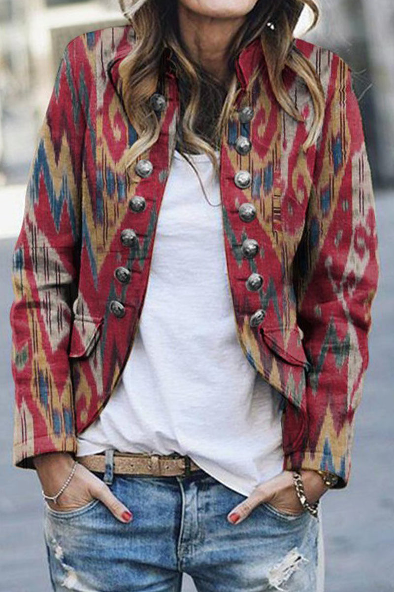 Kaynafashions - Elegant Print Printing Turndown Collar Outerwear(4 Colors)