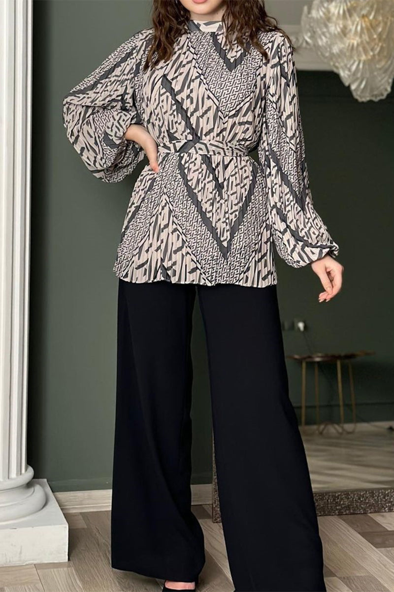 Kaynafashions - Elegant Geometric Print Fold Half A Turtleneck Long Sleeve Two Pieces