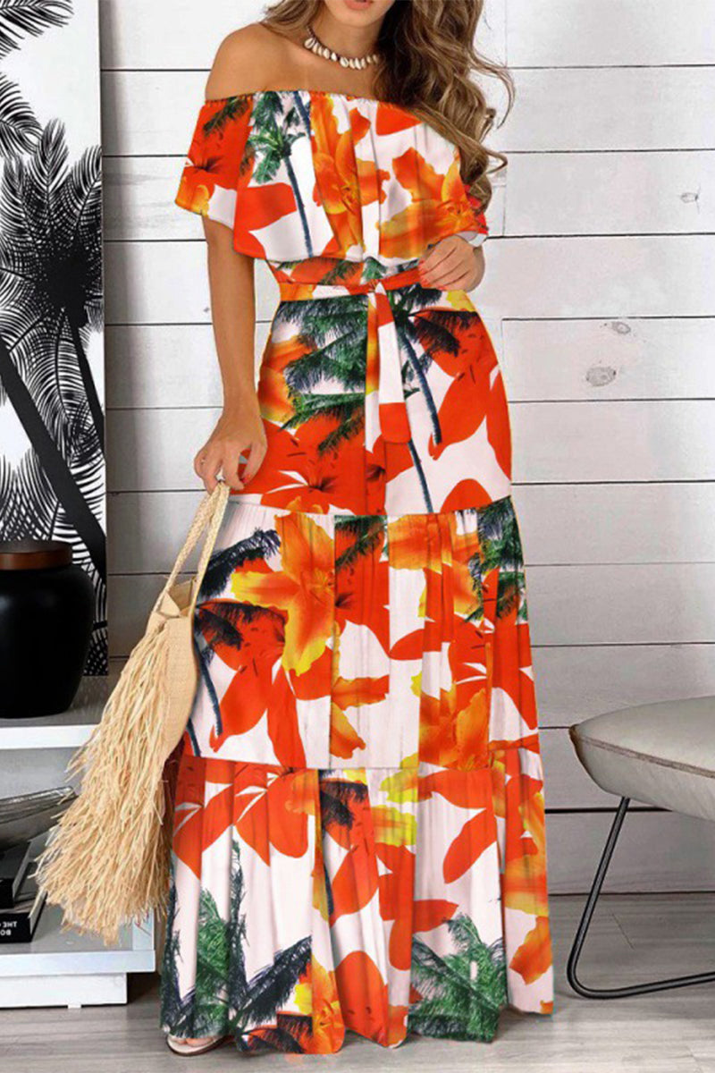 Kaynafashions - Elegant Print Frenulum Off the Shoulder Cake Skirt Dresses(4 Colors)