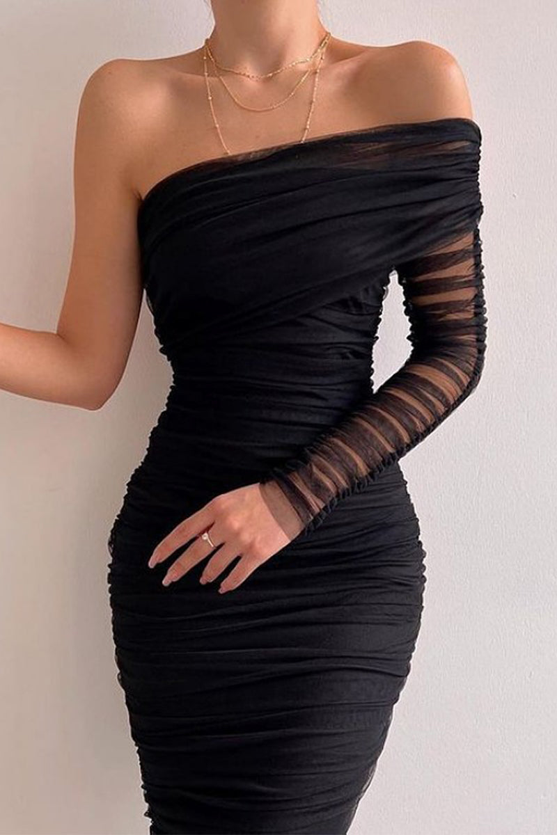 Kaynafashions - Sexy Formal Solid Patchwork Oblique Collar Evening Dress Dresses