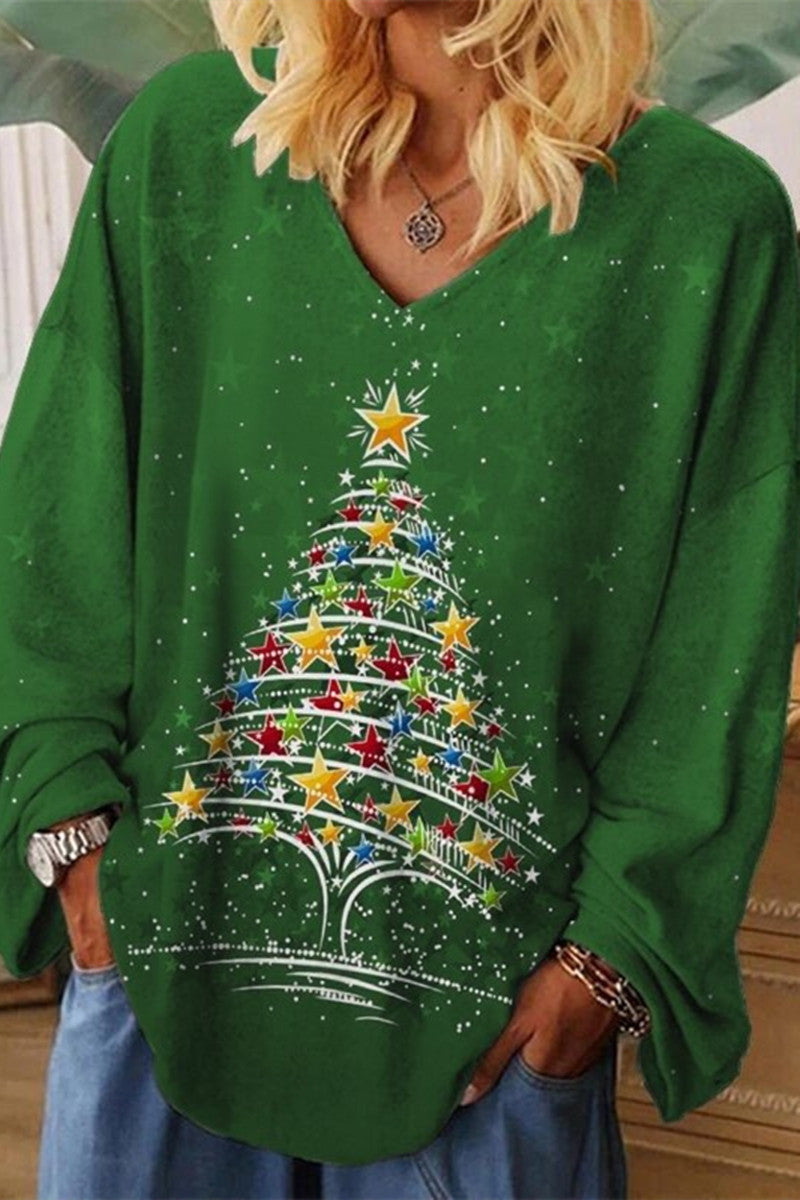 Kaynafashions - Casual Christmas Tree Printed Patchwork V Neck Tops