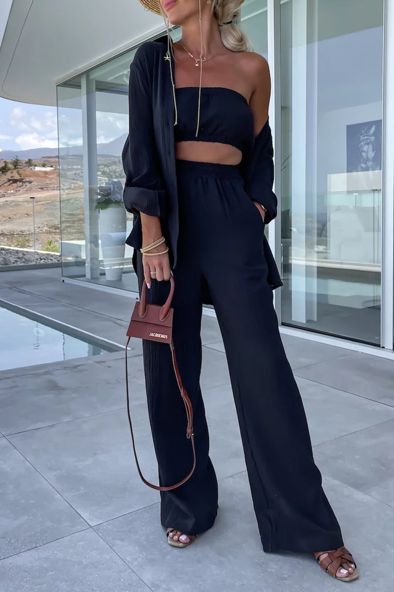 Kaynafashions - Casual Simplicity Solid Fold Turndown Collar Long Sleeve Two Pieces