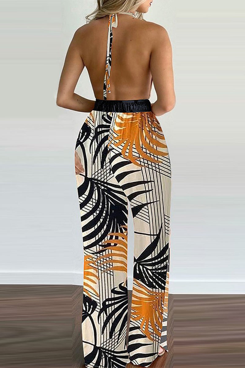 Kaynafashions - Casual Simplicity Print Spaghetti Strap Loose Jumpsuits(6 Colors)