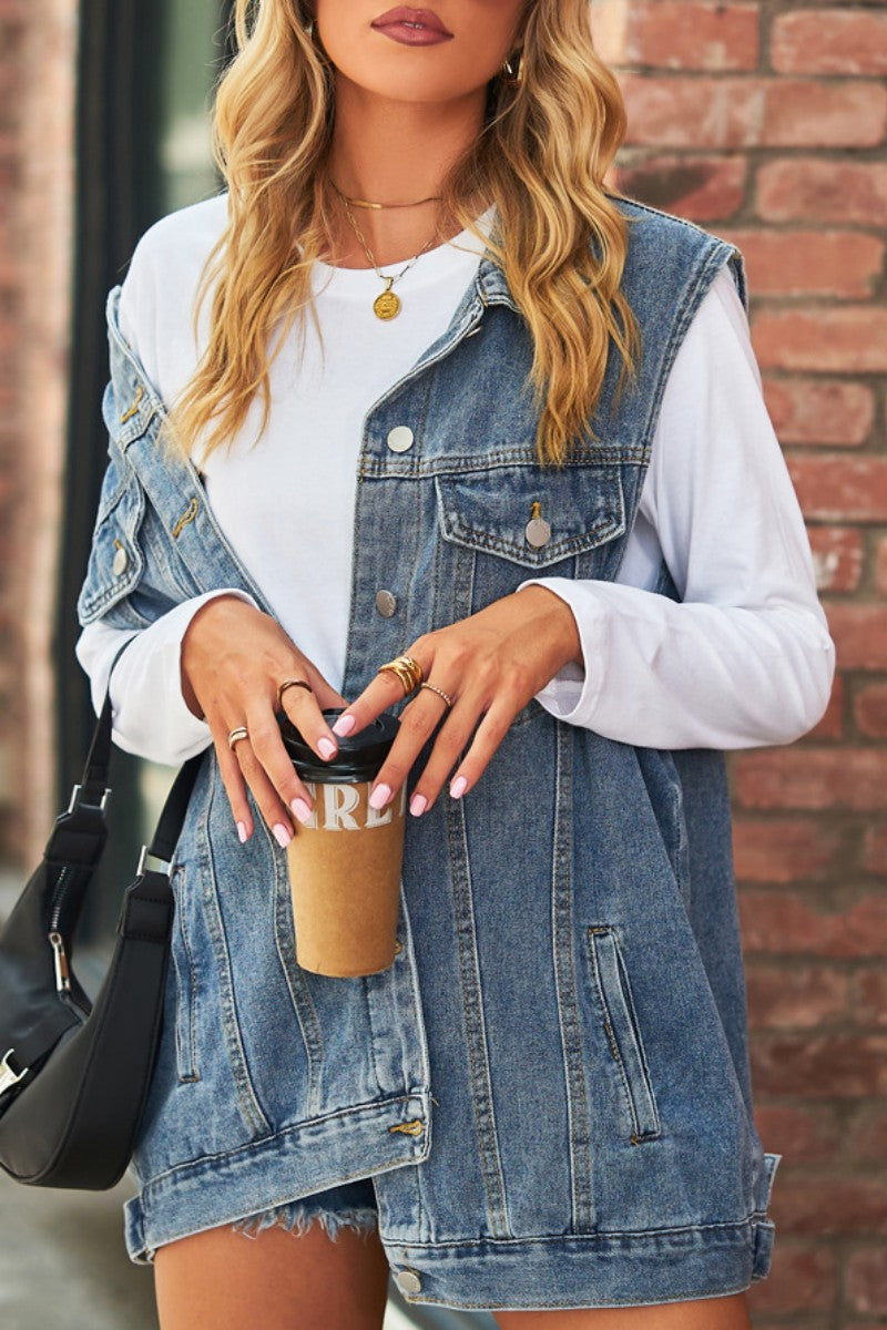 Kaynafashions - Casual Solid Patchwork Turndown Collar Short Sleeve Regular Denim Jacket