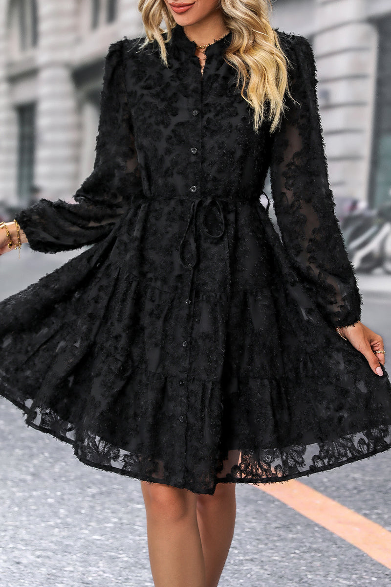 Kaynafashions - Elegant Solid Flounce Mandarin Collar A Line Dresses