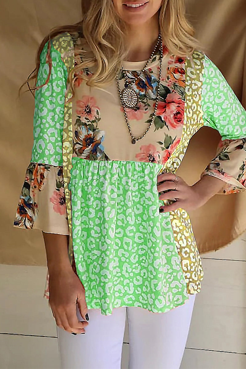 Kaynafashions - Fashion Print Patchwork Contrast O Neck Tops