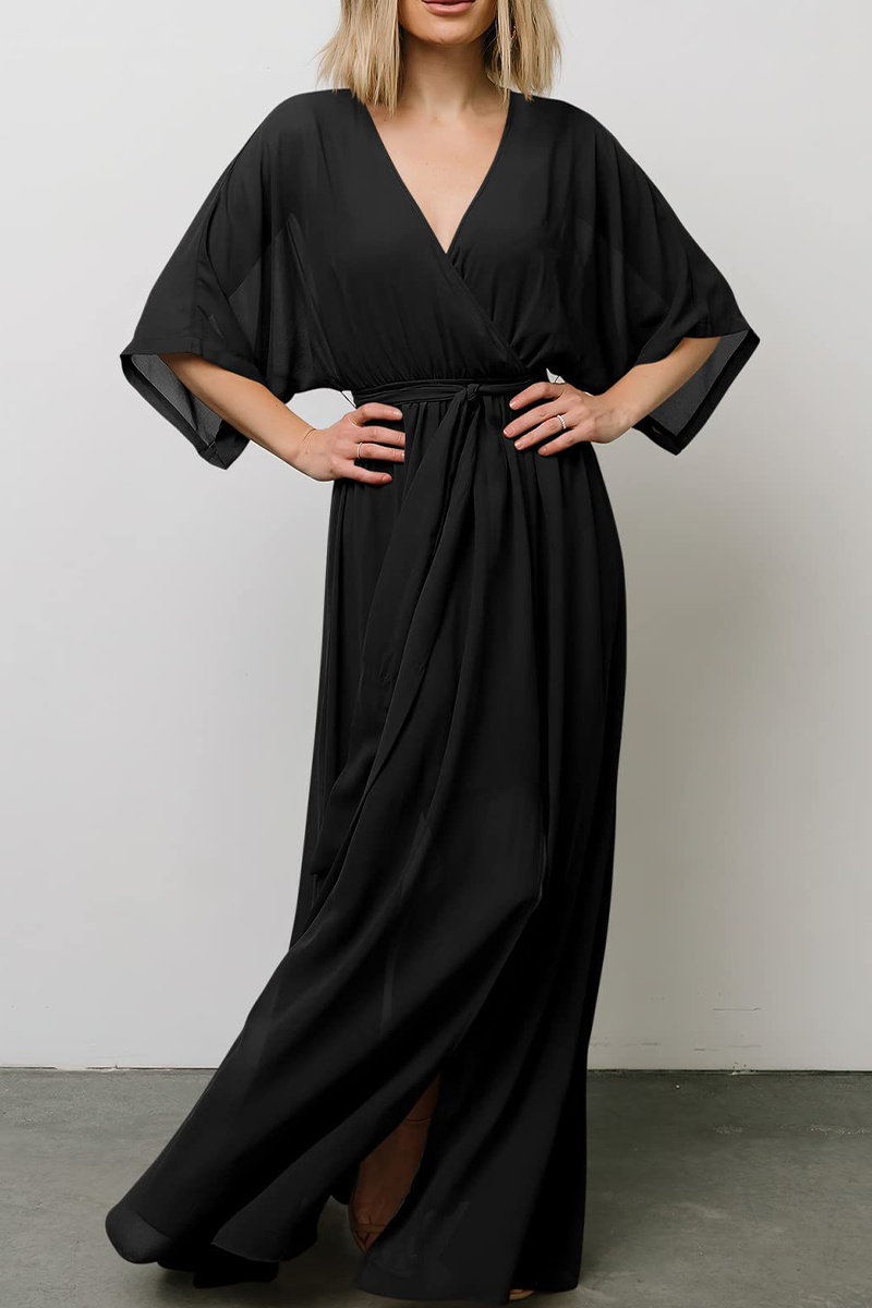 Kaynafashions - Casual Print Patchwork V Neck Waist Skirt Dresses(7 Colors)