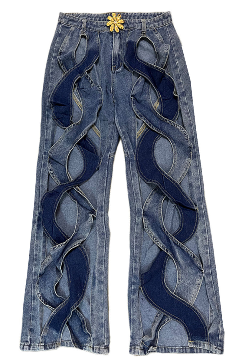 Kaynafashions - Street Solid Hollowed Out High Waist Straight Denim Jeans