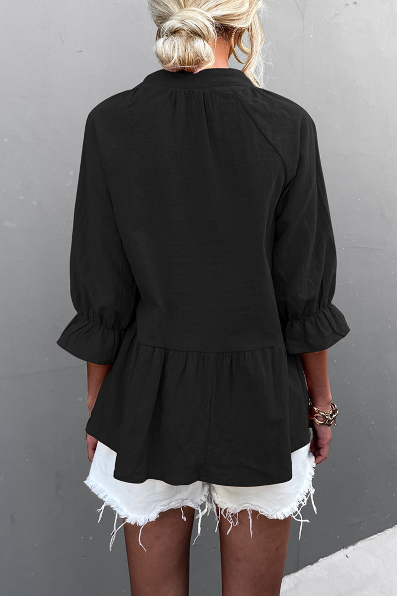 Kaynafashions - Casual Solid Flounce Fold V Neck Tops(5 Colors)