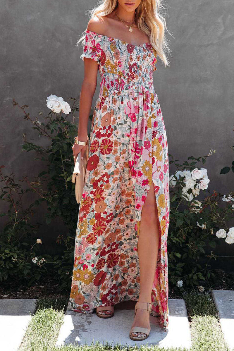 Kaynafashions - Elegant Vacation Floral Patchwork Off the Shoulder Printed Dress Dresses