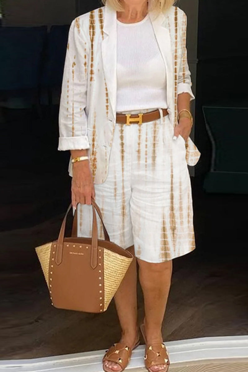 Kaynafashions - Casual Elegant Print Patchwork Turn-back Collar Long Sleeve Two Pieces