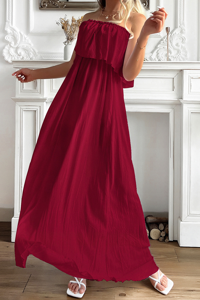 Kaynafashions - Casual Solid Flounce Strapless Cake Skirt Dresses