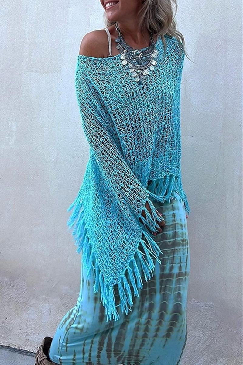 Kaynafashions - Vacation Solid Tassel Hollowed Out O Neck Outerwear