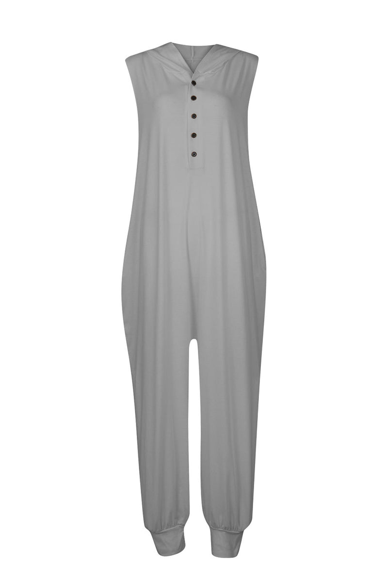 Kaynafashions - Casual Solid Buckle Hooded Collar Loose Jumpsuits(10 Colors)