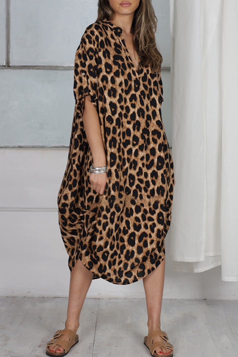 Kaynafashions - Casual Print Leopard Patchwork V Neck Printed Dress Dresses