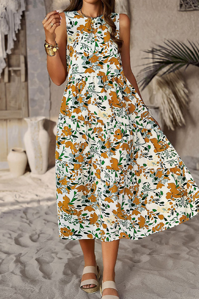 Kaynafashions - Elegant Floral Pocket Contrast O Neck A Line Dresses