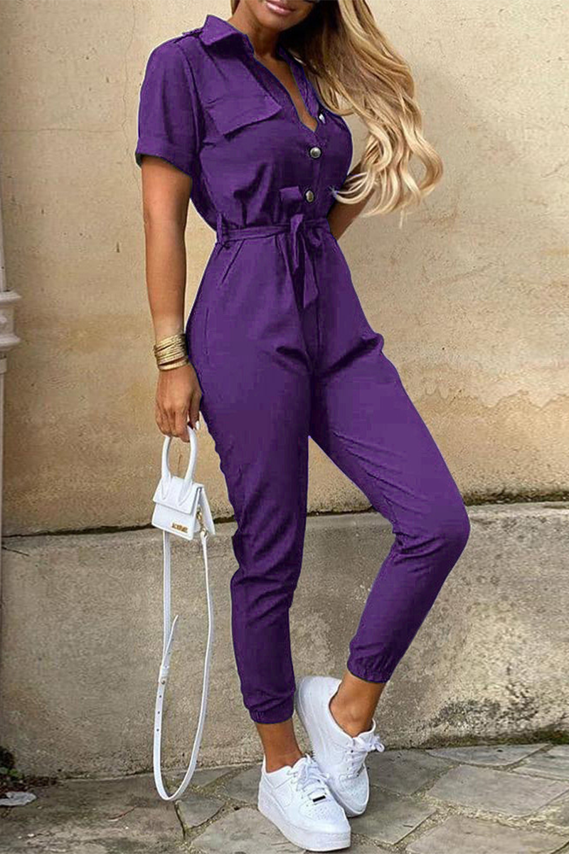 Kaynafashions - Casual Daily Solid Frenulum With Belt Turndown Collar Regular Jumpsuits(10 Colors)