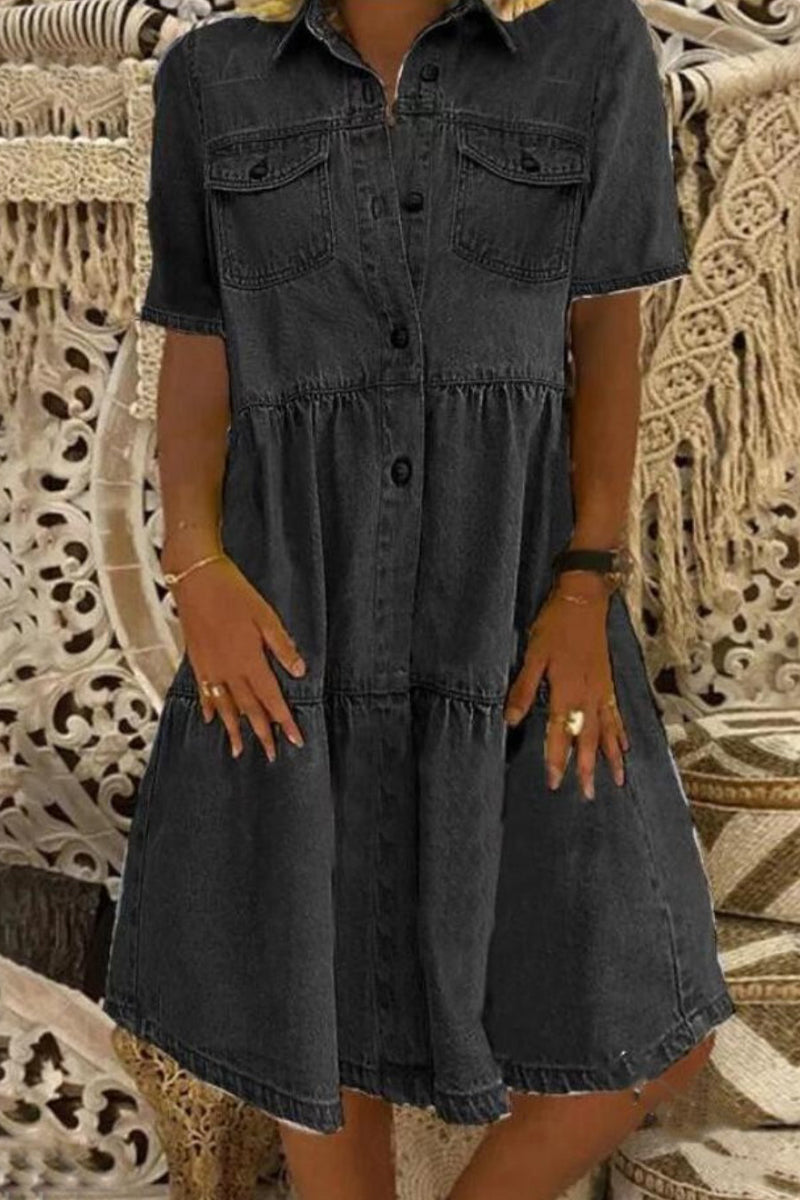 Kaynafashions - Casual Solid Patchwork Turndown Collar Short Sleeve Loose Denim Dresses(3 Colors)
