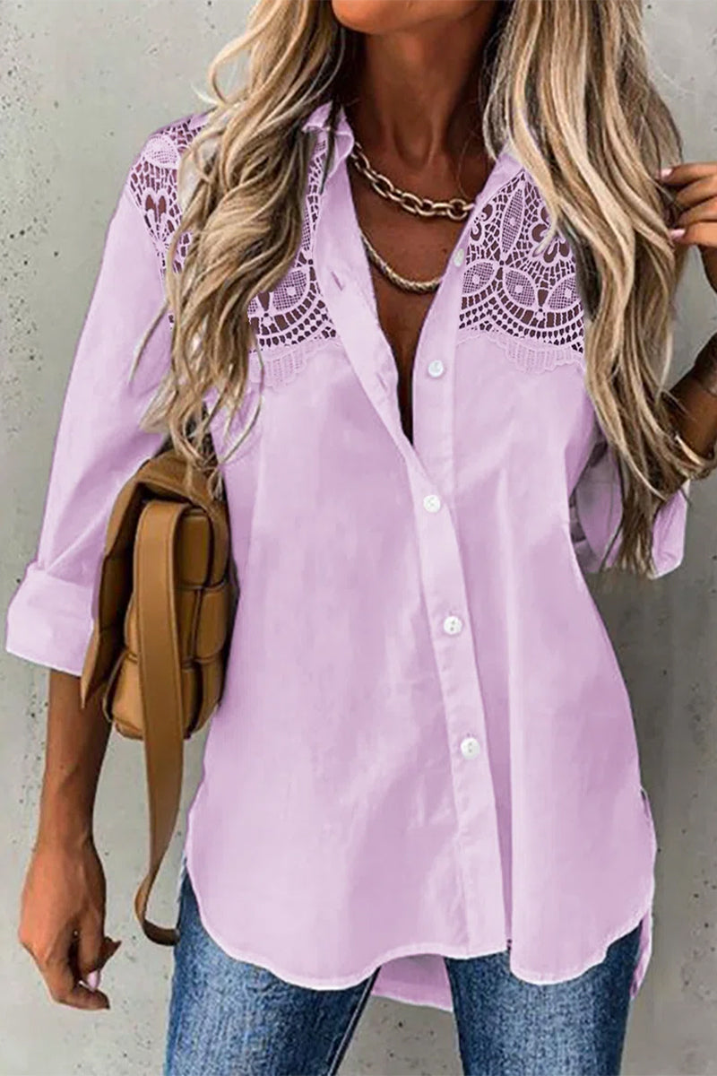 Kaynafashions - Casual Solid Lace Turndown Collar Tops