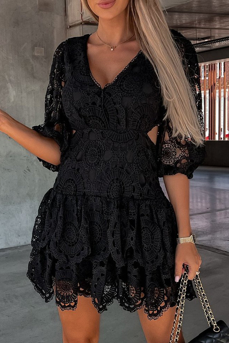 Kaynafashions - Elegant Solid Hollowed Out V Neck Waist Skirt Dresses