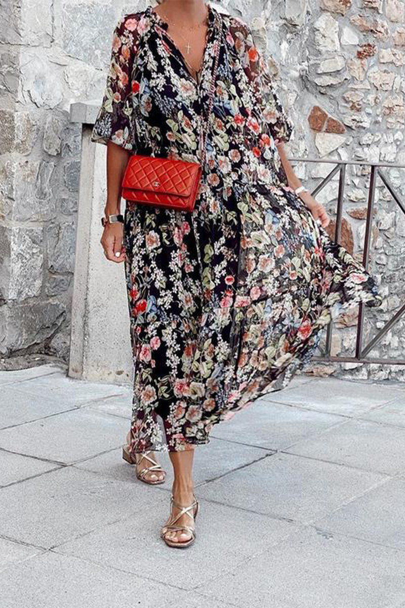 Kaynafashions - Casual Print Patchwork V Neck Cake Skirt Dresses