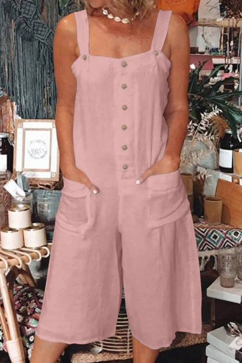 Kaynafashions - Casual Daily Solid Pocket Buttons Square Collar Loose Jumpsuits