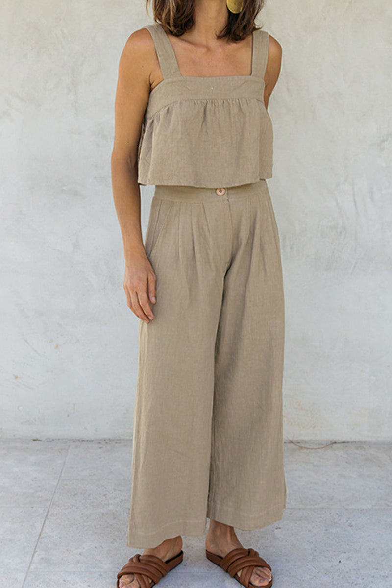 Kaynafashions - Casual Solid Buttons Square Collar Sleeveless Two Pieces(3 Colors)