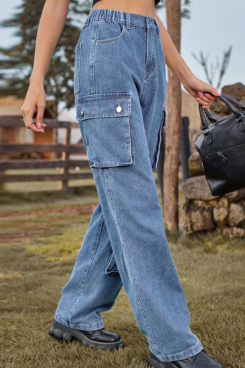 Kaynafashions - Street Solid Pocket Mid Waist Loose Denim Jeans