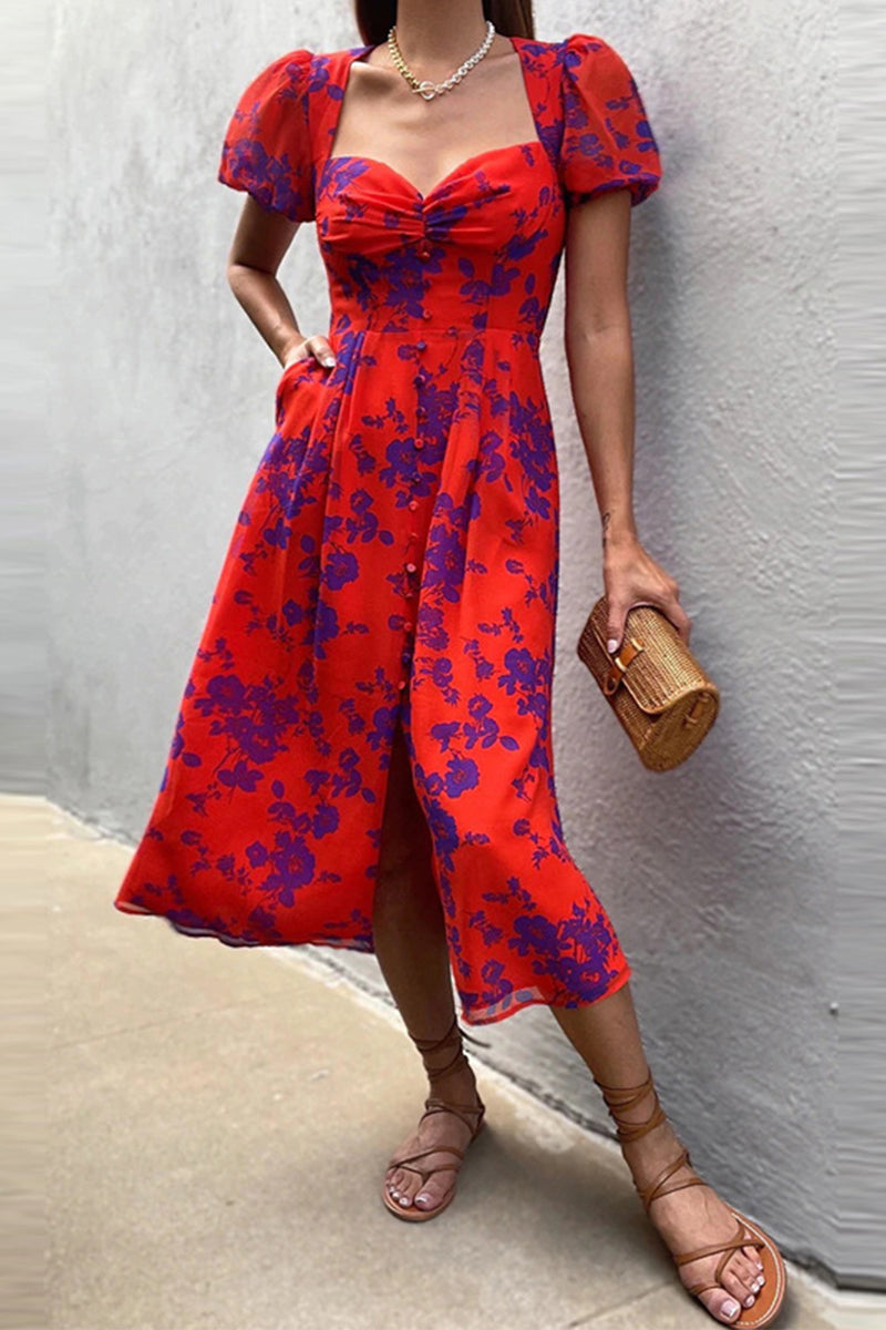 Kaynafashions - Sweet Elegant Print Printing V Neck A Line Dresses(6 Colors)