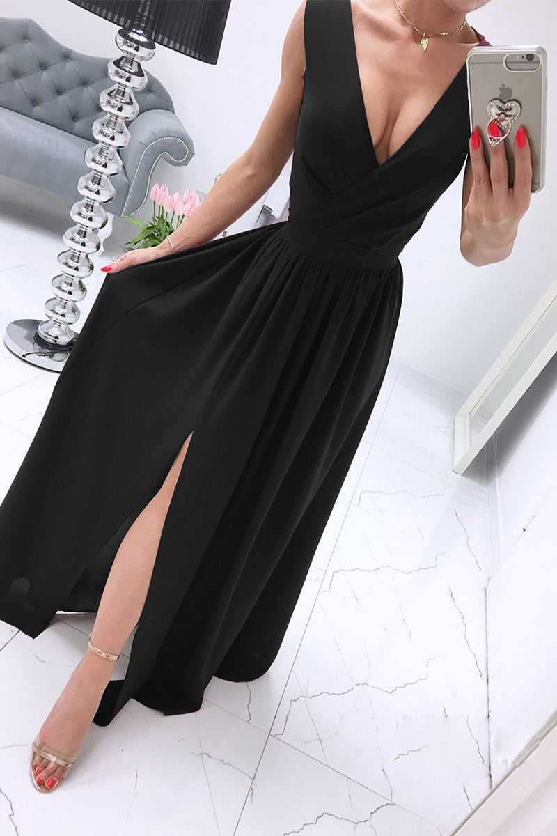 Kaynafashions - Sexy Simplicity Solid Slit V Neck Princess Dresses(6 Colors)