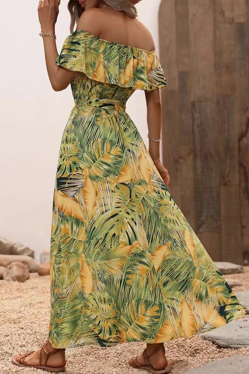 Kaynafashions - Sexy Vacation Floral Frenulum Slit Off the Shoulder Printed Dress Dresses