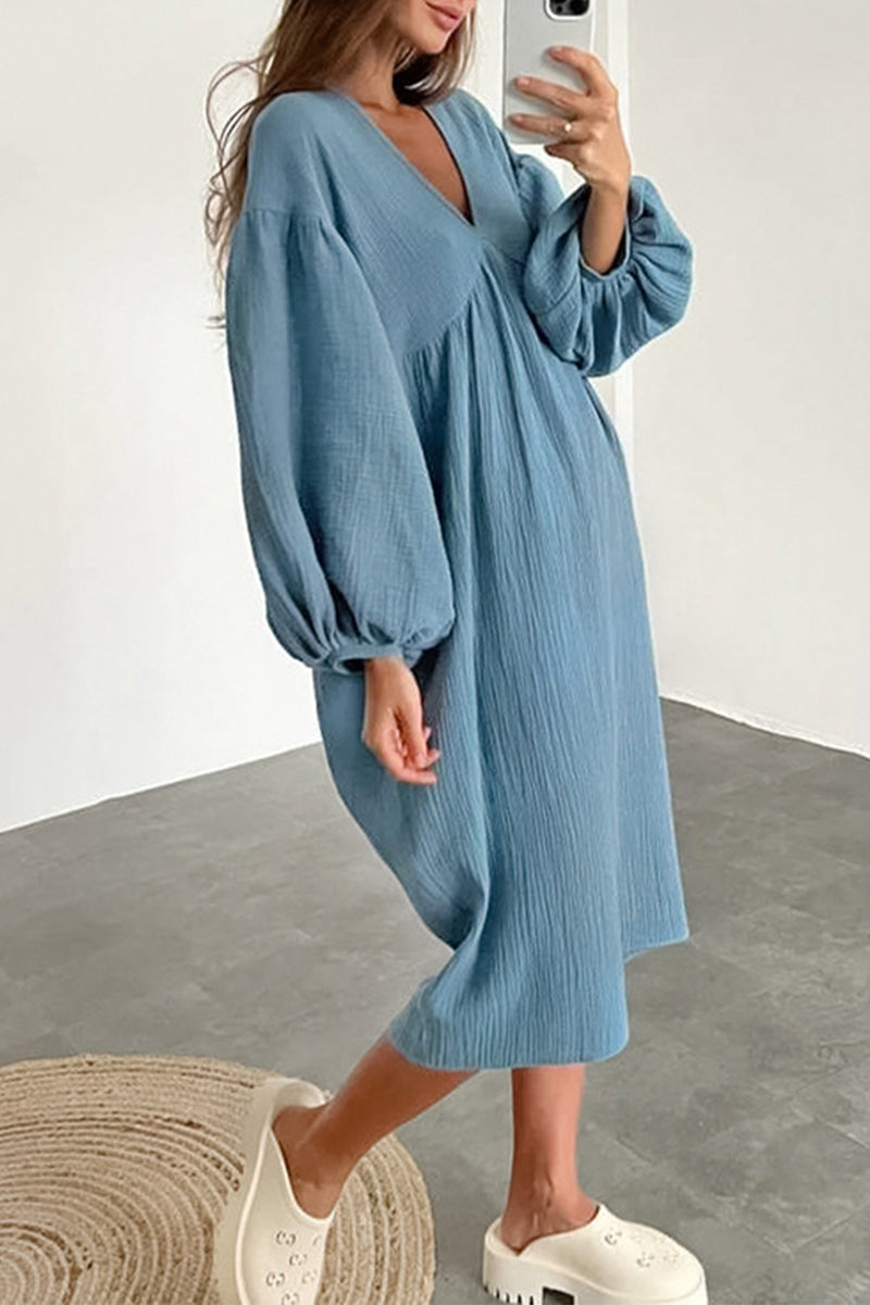 Kaynafashions - Casual Living Solid Pocket V Neck Long Sleeve Dresses
