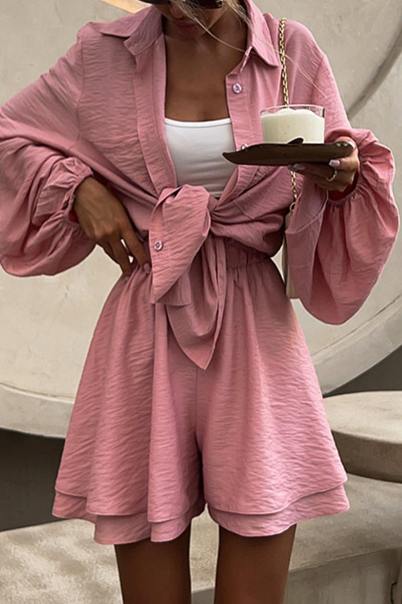 Kaynafashions - Sweet Solid Turndown Collar Long Sleeve Two Pieces